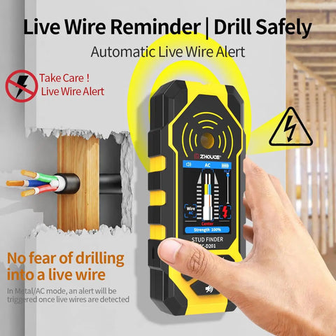 Heavy Duty 4 In 1 Stud Finder Wall Scanner With Digital Hd Screen, detecting live wires behind drywall safely.