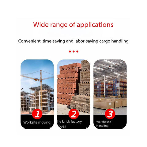 Heavy Duty Mobile Lift Platform With Thickened Steel Base And Wheeled Material Hoist shown in worksite, brick factory, and warehouse settings.