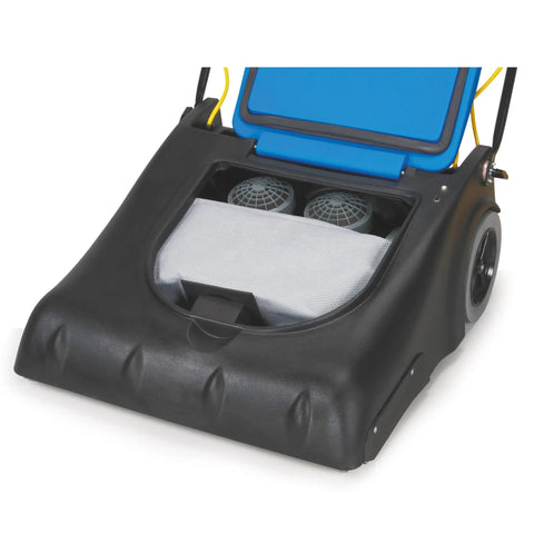 Close-up of the Powr-Flite Industrial Wide Area Carpet Vacuum Cleaner Bagged PF2030 showing its dual motors and bag filter.