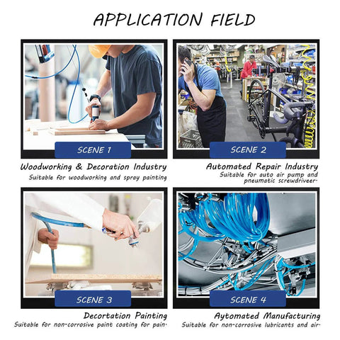 Pneumatic tubing collage: four scenes showing woodworking, repair, painting, and manufacturing; blue hoses visible.