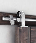 Top Mount Sliding Barn Door Hardware Kit In Stainless Steel, 6 Feet Track, T Shape Hanger System shown on wooden door
