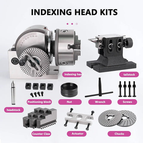 Rock Solid 8 Inch Adjustable 0 To 90 Degree Rotary Indexing Head With 3 Jaw Chuck And Tailstock Kit showing components for CNC milling tasks.