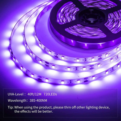 40 Foot LED Blacklight Strip Kit With 720 LEDs, 12V Flexible, glowing purple UV light close-up, non waterproof