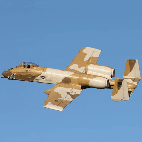 UMX A 10 Thunderbolt II RC Airplane With 30mm EDF BNF Basic AS3X Safe Select 562mm Wingspan in flight showing desert camo