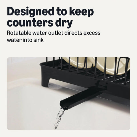 Sleek Stainless Steel Dish Drying Rack Kitchen Counter Organizer Rust Resistant Space Saver With Drain Board Rotatable Spout Easy Peasy Cleanup Fits 10 Pieces For Your Nifty Spot Black showing rotatable water outlet directing water into sink.