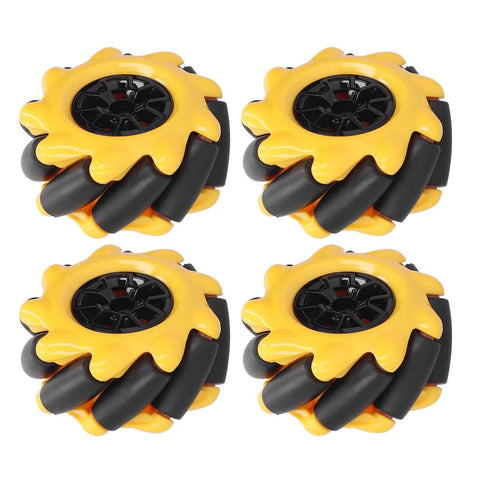 Four yellow sunflower-style Mecanum wheels with black hubs, 48mm, for omni-directional robot DIY kit
