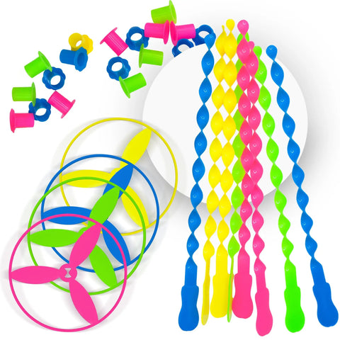 40 Piece Large Flying Disc Toy Set with swirly sticks, plastic spinners, rings, colorful discs, for kids and outdoor fun.
