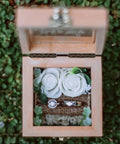 Open wooden jewelry box with jewelry inside, featuring heavy duty antique small box hinges pack of twelve with six hole long flush design.