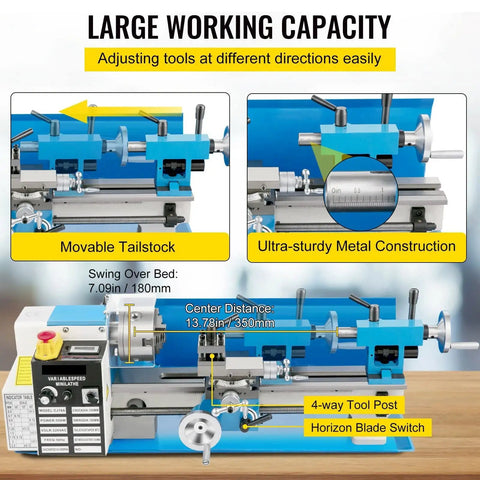 Heavy Duty 550W Mini Metal Lathe Benchtop Tool With Digital Display Variable Speed 0-2500 Rpm 7x14 Inch features movable tailstock and ultra-sturdy metal construction.