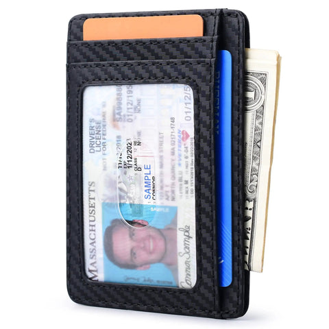 Ultra Slim Front Pocket RFID Blocking Leather Wallet For Men And Women In Carbon Fiber Black with cards and cash inserted