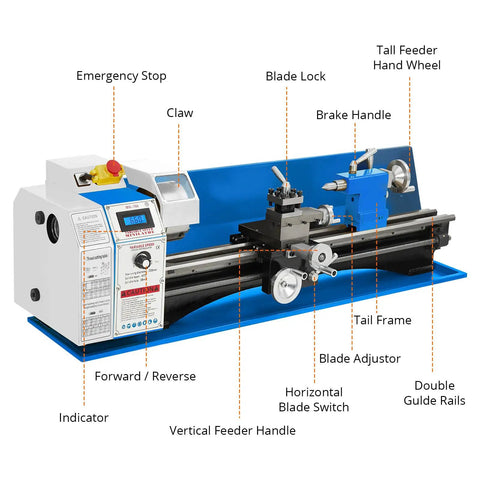 Hosslly 1100W Brushless Benchtop Metal Lathe control panel showing features like emergency stop, blade lock, and variable speed.
