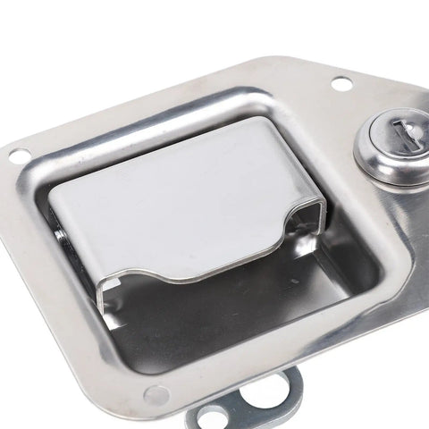 Tough As Nails Stainless Steel Trailer Toolbox Latch With Key Lock For UTV RV ATV And Dog Box Secure Metal Hasp Anti Theft Gear Storage No Sweat Setup Now close-up view of stainless steel latch with keyhole and integrated mechanism.