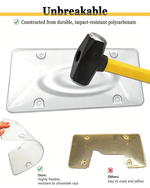 Hammer demonstrating strength of Crystal Clear License Plate Cover For Cars Bubble Shield High Visibility Tag Protector Street Legal Unbreakable Acrylic Shield With Screw Caps Durable Plate Guard