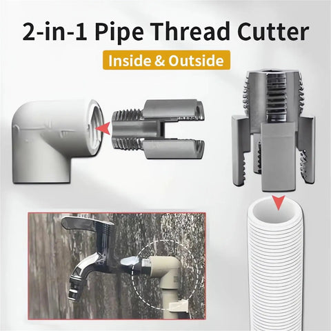 All In One Internal And External Pipe Threading Tool Kit For Half Inch And One Inch And Three Quarter Inch NPT PVC PPR Pipes Compatible With Electric Drill Quick Pro Grade Threading Without Tool Swaps For Plumbing Pros showing 2-in-1 pipe thread cutter.