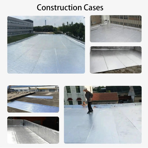 Various construction scenes showing Heavy Duty Waterproof Roof Underlayment Roll Featuring Heat Reflective Foil And Quick Stick Adhesive.