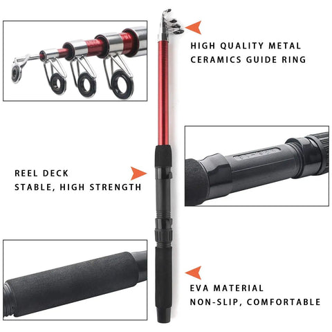 Close-up of red telescopic pole from All In One Fishing Gear Kit With 2 Telescopic Poles And 2 Spinning Reels, 39 Soft Lures, travel bag