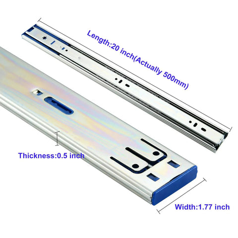 Heavy Duty 20 Inch Soft Close Drawer Slides Full Extension Ball Bearing Cabinet Glides visible with dimensions and steel material.