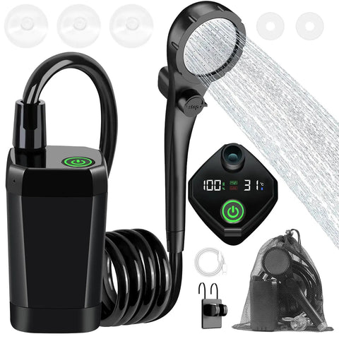Portable Camping Shower With 6000mAh Battery, LED Display, IPX7 Waterproof Outdoor Shower Kit components and accessories