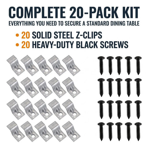 No Sweat Assembly Z Bracket Tabletop Fastener Kit With Black Screws, 20-pack of black screws and solid steel Z-clips for dining tables.