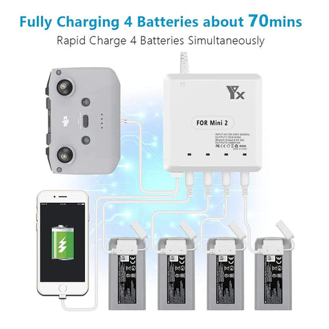 6 In 1 Battery Charger For DJI Mini 4K Mini 2 Mini SE Mini 2 SE Drones Rapid Parallel Charging Hub Powers Four Batteries And Remote Control Station For Quick Power Up Not For Mavic Mini Gen 1 charging four drone batteries and remote control.
