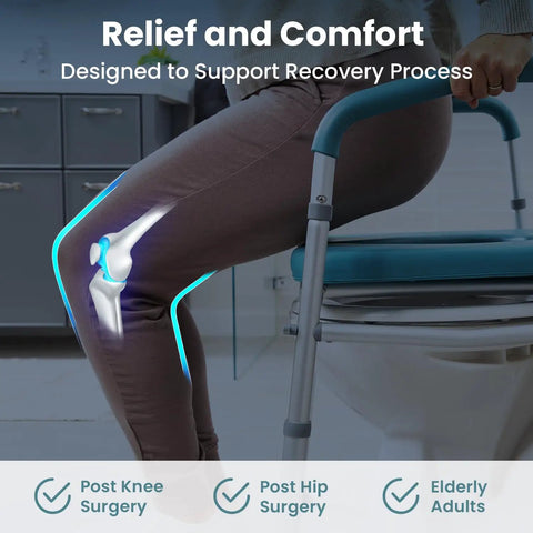Adjustable Height Toilet Seat With Rock Solid Dual Handles And Real Heavy Duty Four Hundred Pound Support Quick No Sweat Assembly For Seniors And Post Surgery Recovery Top Shelf Stability Plus Super Comfy Armrest Grips In Grey during use, highlighting knee support.