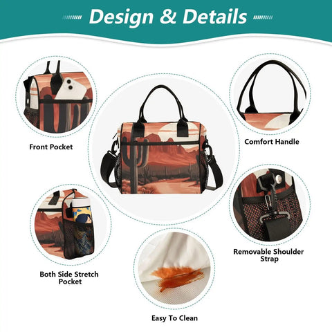 Desert Landscape Cactus Insulated Lunch Bag For Women, Leakproof Portable Cooler Tote, Size M, details including pockets and straps