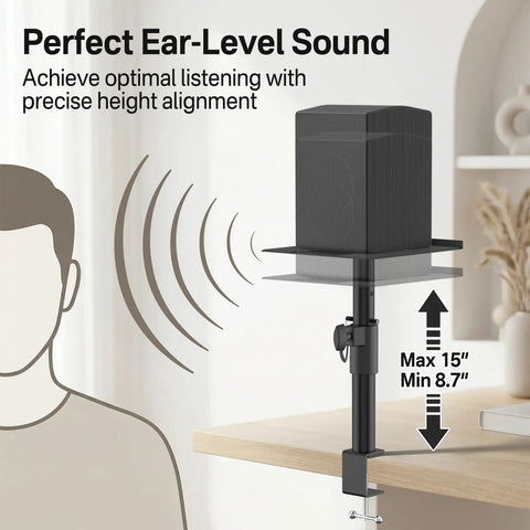 Heavy Duty Clamp On Desk Speaker Stands Pair with Height And Angle Adjustable Platforms shown with precise height alignment