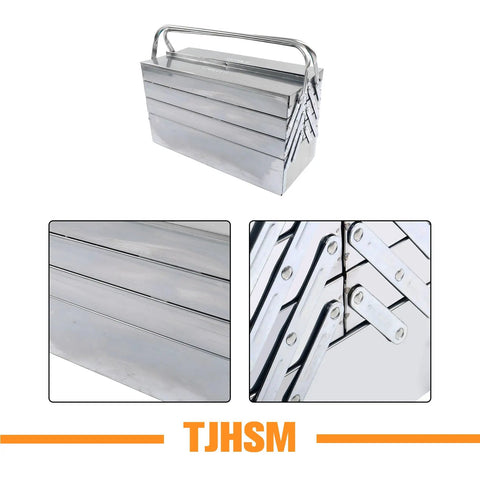 Premium 18 Inch Stainless Steel Folding Tool Box With Cantilever Multi Tray Organization And Comfortable Carry Handles Heavy Duty Auto Repair Gear Chest Built Different For Shop Mechanics And Weekend Wrenchers, showing cantilever design and sturdy handle.