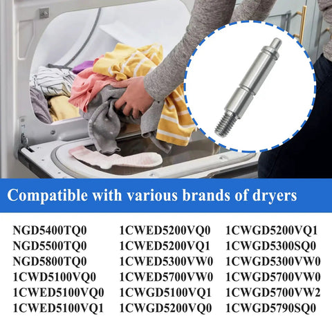 Person loading a dryer next to a Left Side Dryer Drum Shaft Roller Replacement Kit for 27 Inch Dryers, showing compatibility list.
