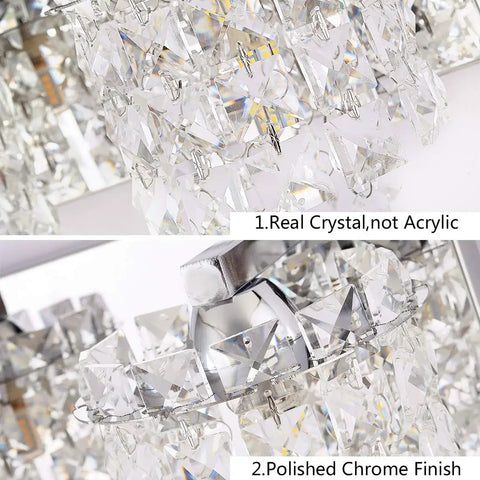 3 Light Vanity Light With Crystal Drops In Polished Chrome Finish, close-up of real crystal drops and polished chrome detail.
