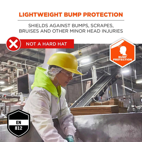 Worker wearing Hard Shell Bump Cap With Suspension For Work in industrial setting, lightweight head protection, durable polyethylene shell.