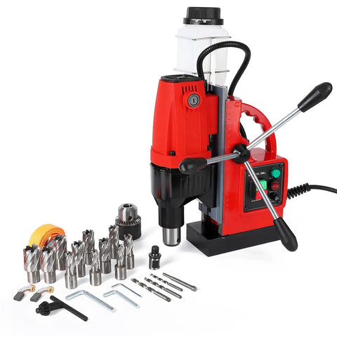 11 Piece Portable Magnetic Drill Press Set With Core Bits For Metal Surface 1.6 Inch Max Drilling Diameter Double Track System