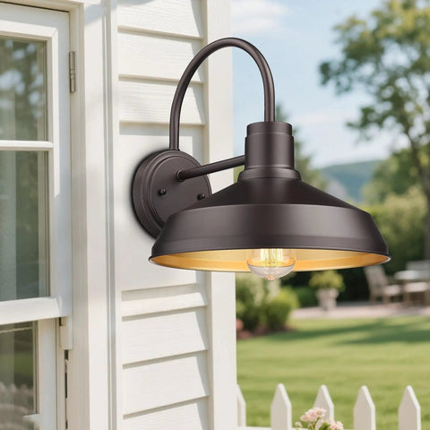 Gooseneck Outdoor Barn Light Wall Sconce Set Exterior Porch Lighting Fixture In Oil Rubbed Bronze against house siding