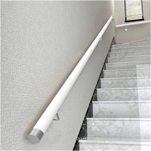 White PVC Deck Railing 13.8 Feet Long Weatherproof Banister Non Slip Balcony Handrail mounted on wall by stairs.