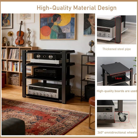 Heavy Duty Audio Component Rack With Smooth Locking Wheels Four Tier Black AV Media Stand showcasing amplifiers and gear in colorful room.