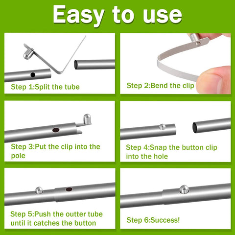 Eight stainless steel push-button spring clips for tent poles and kayak paddles; silver, 6mm.