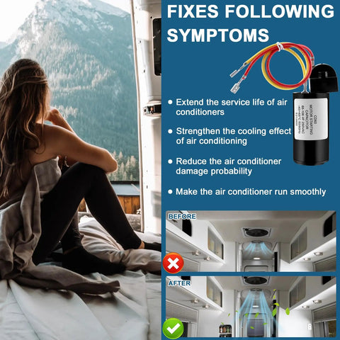 Woman relaxing in RV interior with Universal Air Conditioner Hard Start Kit With Capacitor And PTC Relay For 11000 To 13500 Btu Units.