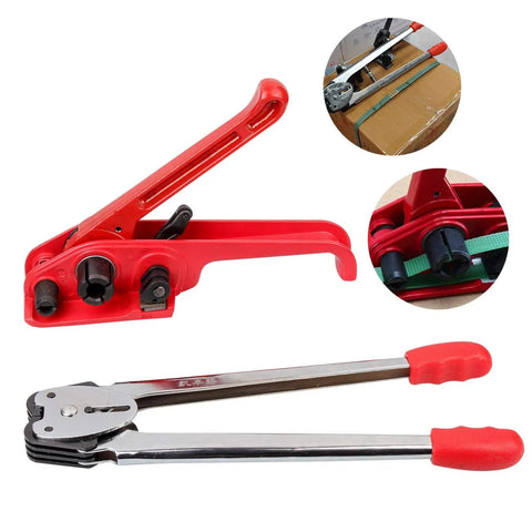 Heavy Duty Manual 4 In 1 Pallet Packaging Strapping And Banding Kit Featuring Ratchet Tensioner Sealer Cutter with cushioned grips.