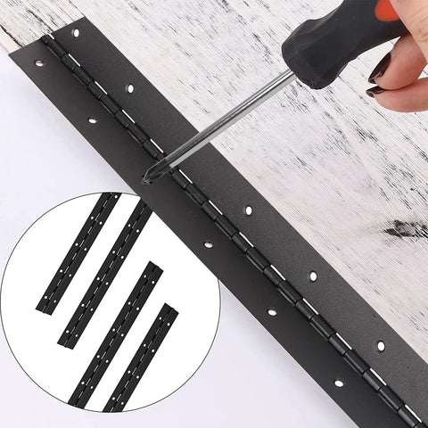 Yeecheng 2-pack black 6-inch piano hinges, being installed on wooden box; stainless steel with 2-inch open width.