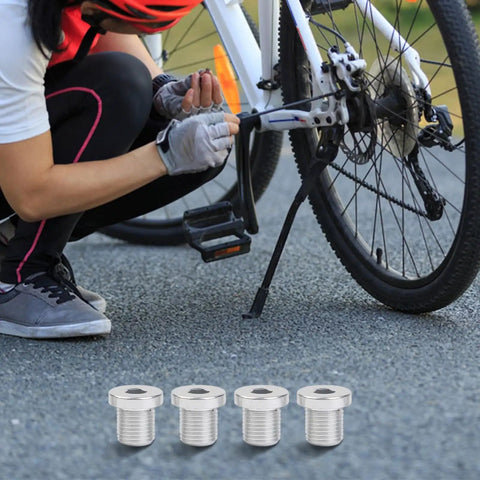 Cyclist using Four Pack M10xP0 Aluminum Rear Derailleur Hanger Bolts For Road Bikes Easy Install Silver Finish 8mm Long 5mm Hex Heads Replace Worn Derailleur Hanger Fasteners Bike Repair Essentials
