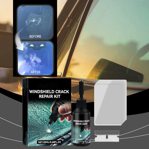 DIY Windshield Repair Kit With Glass Repair Fluid for Chips and Small Cracks Quick Fix Save Money Easy To Use Auto Glass Repair Tool For Cars Trucks And SUVs with resin bottle and applicator visible