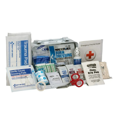 ANSI A 2015 And OSHA Compliant 71 Piece First Aid Kit For A Crew Of Ten with bandages, gauze, scissors, tweezers, and ointments displayed