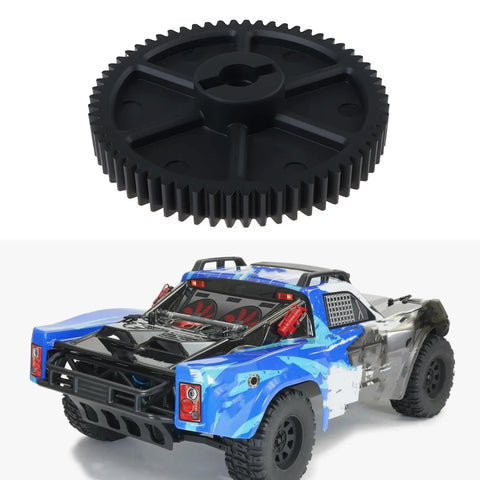 Two Pack Plastic 62T RC Main Spur Gear For 1/10 Scale Rigs, sand and gravel resistant, shown with RC truck model