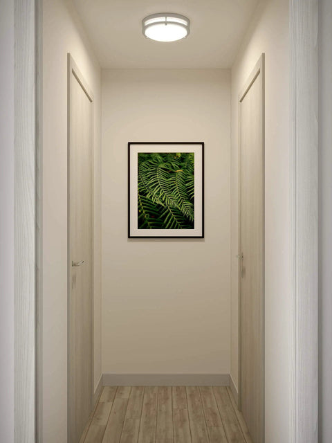 17 Inch LED Flush Mount Ceiling Light In Brushed Nickel, Crazy Bright 2291 Lumens installed in a modern hallway