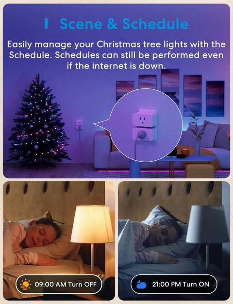 Smart Plug Mini 15A WiFi With HomeKit Siri Alexa Google Assistant Nest Hub showing scheduling with a Christmas tree and lamp