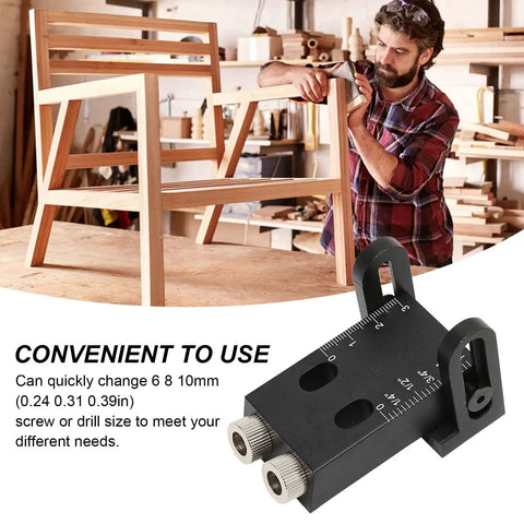 Premium Woodworking Punch Locator With 15 Degree Inclined Angle Hole Guide For Drill Bits And Precision Jointing, Compact Aluminum Alloy Fixture shown with wooden chair.