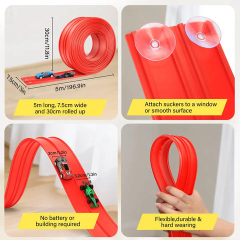 Flexible Roll Up Two Lane Race Track For Kid Friendly Play With Suction Cups Includes Four Mini Diecast Cars 1 64th Scale Compatible