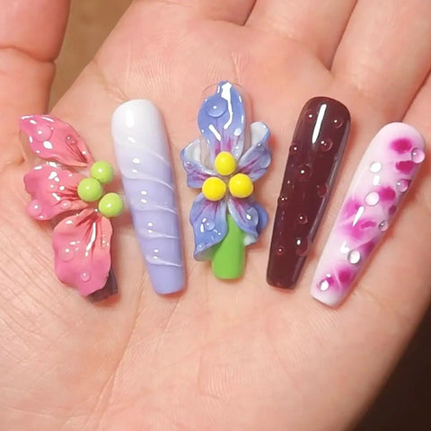 Five colorful 3D gel nail art designs showcasing flower patterns from 3D Gel For Nail Art Builder Kit All In One Nail Extension Gel Set.