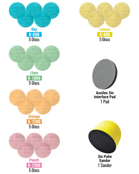 3 Inch Sanding Disc Starter Kit With K600 To K1500 Grits, 25 Discs, One Interface Pad, And Palm Sander variety colors and grits
