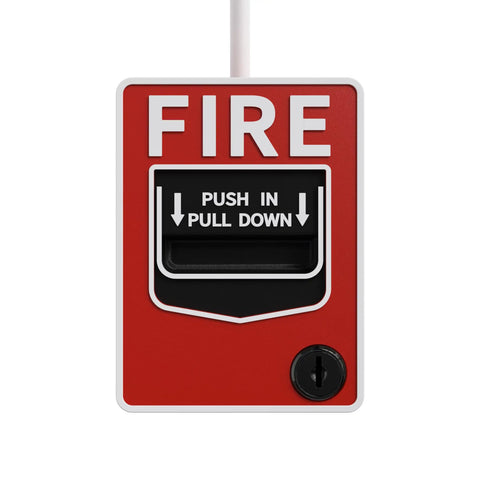 Red fire alarm pull station labeled 'FIRE' with black and white text, compatible with 500Ft Solid 22/4 Alarm CCA Cable for systems.